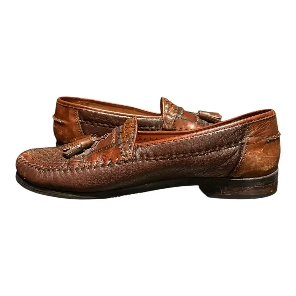 Brass Boot Men’s Brown Leather Weave Slip On Tassel Loafer Size 10.5 - Picture 7 of 9